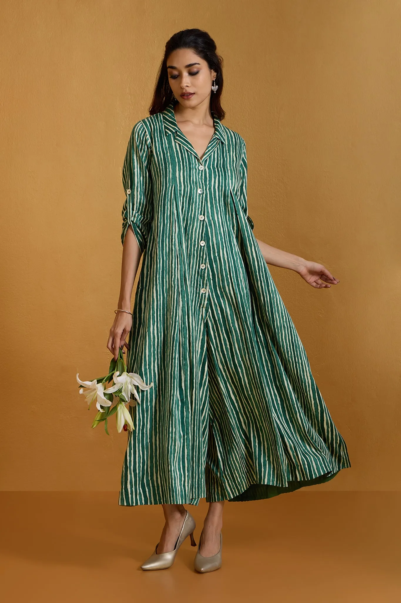 Verdant Stripe Symphony Jumpsuit with Pockets & Collar