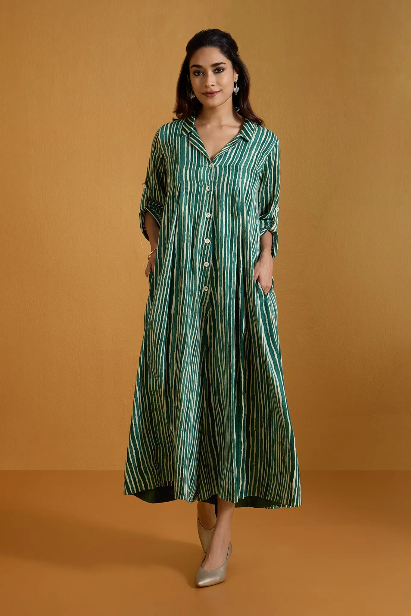 Verdant Stripe Symphony Jumpsuit with Pockets & Collar