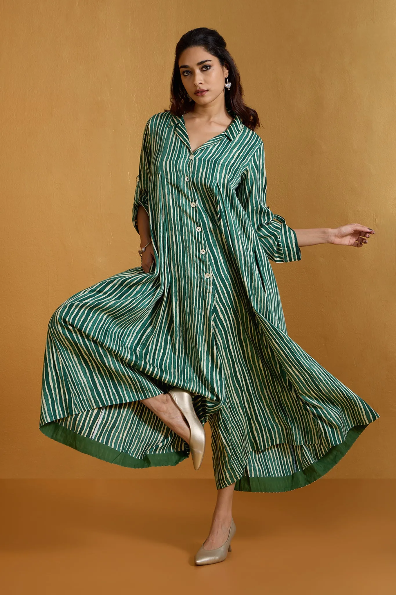 Verdant Stripe Symphony Jumpsuit with Pockets & Collar