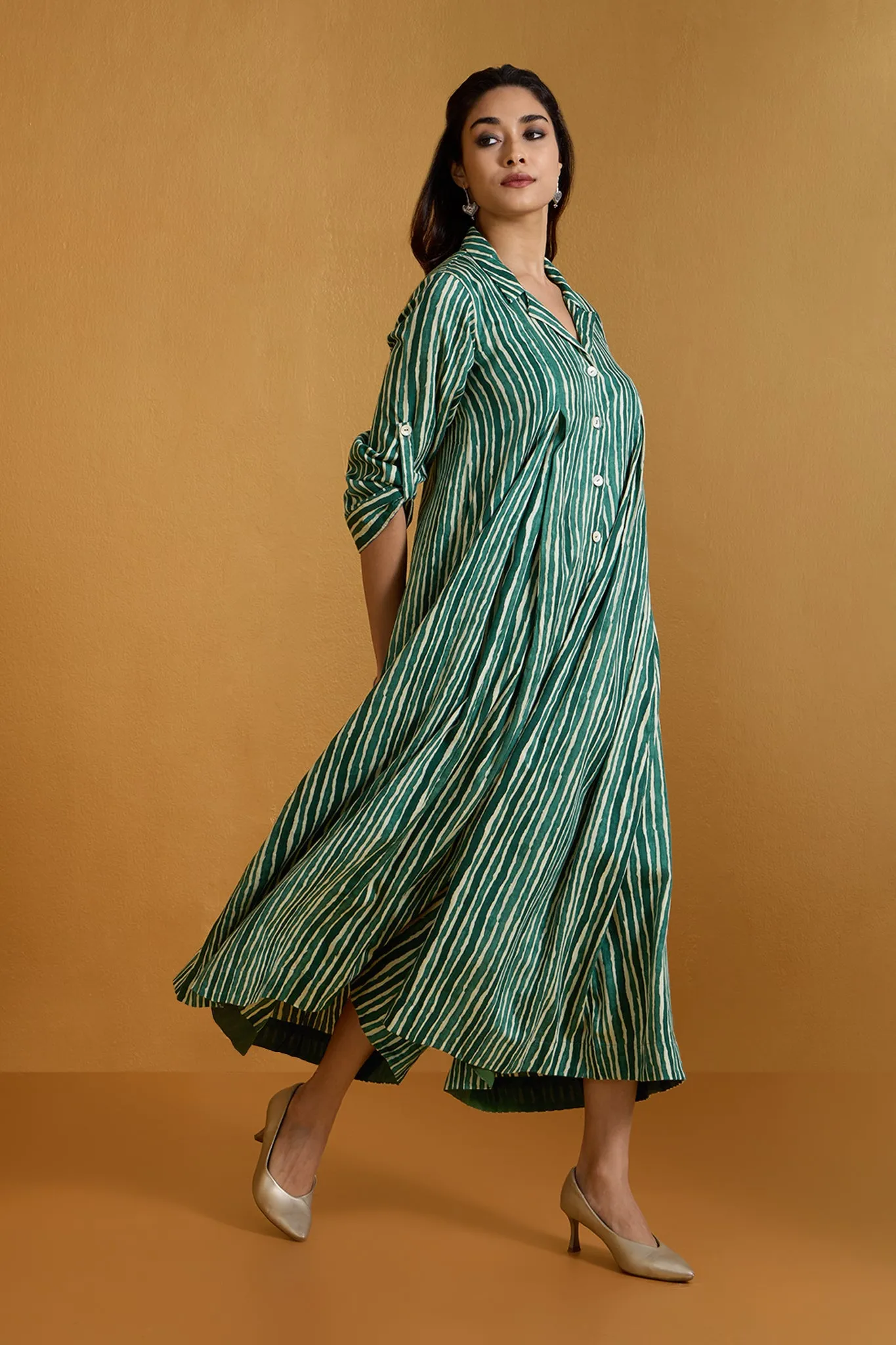 Verdant Stripe Symphony Jumpsuit with Pockets & Collar