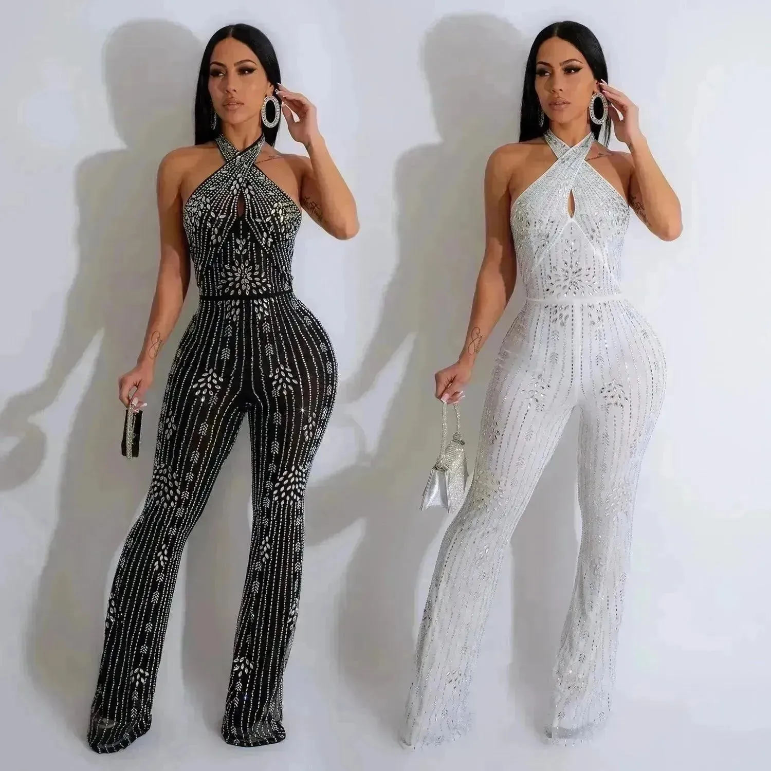 Wear Solid Color Rhinestone Sleeveless Halter Trousers Jumpsuit