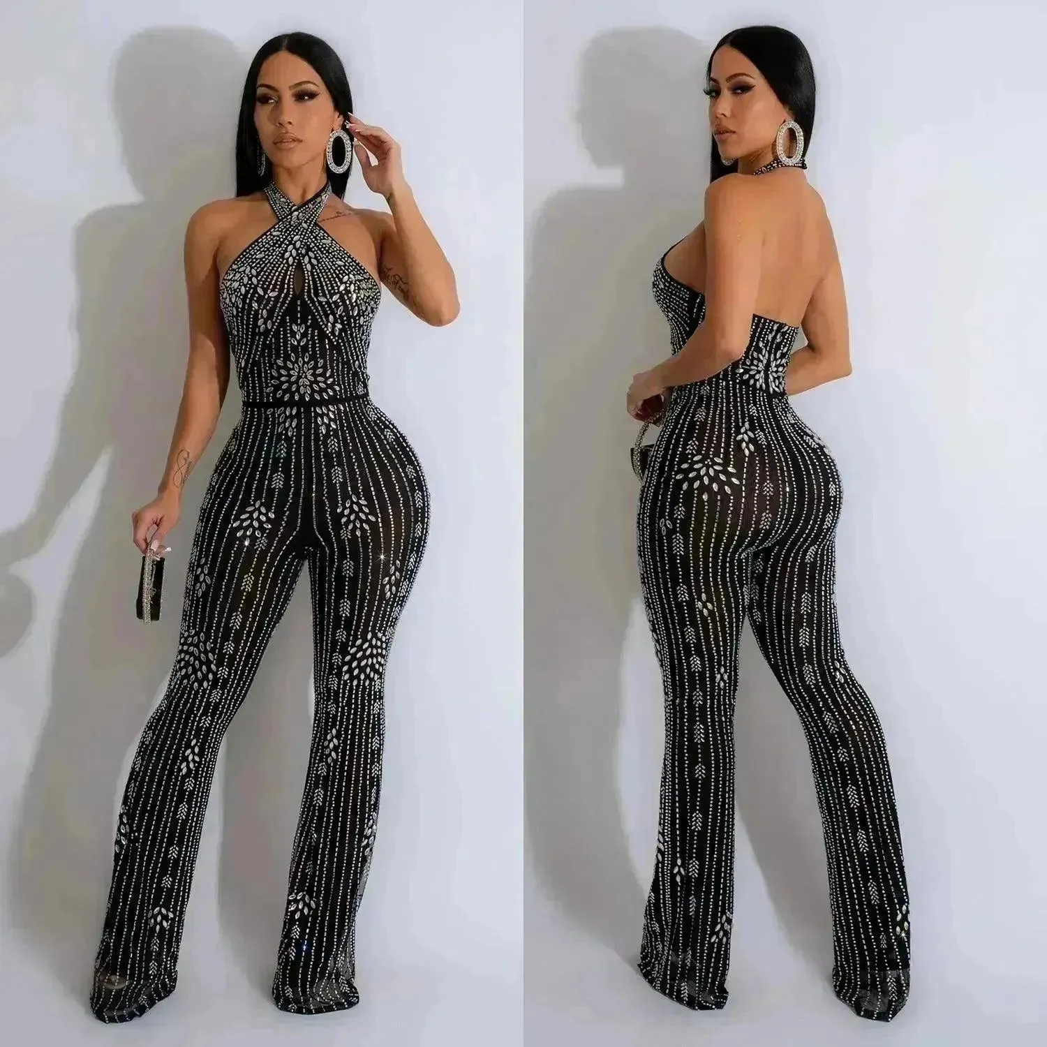 Wear Solid Color Rhinestone Sleeveless Halter Trousers Jumpsuit