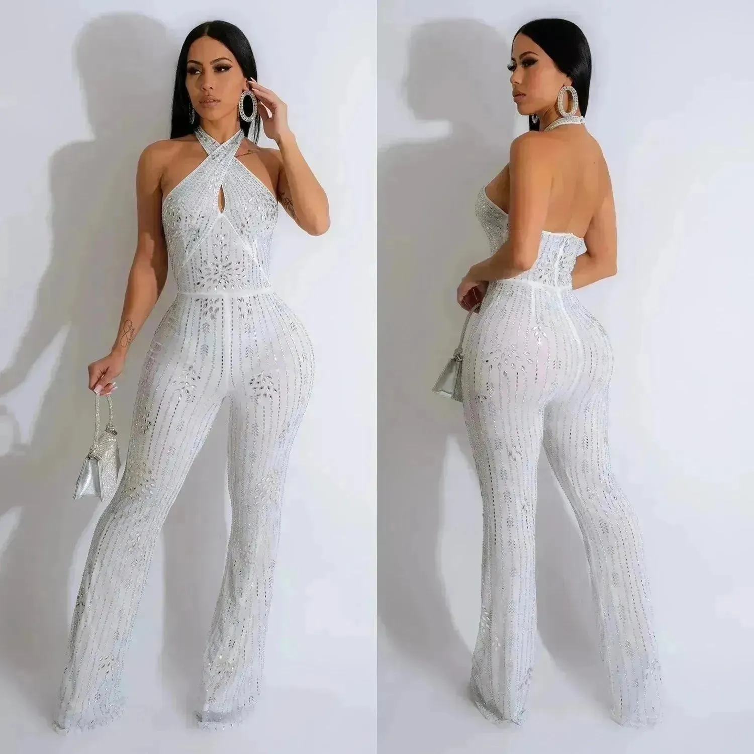 Wear Solid Color Rhinestone Sleeveless Halter Trousers Jumpsuit