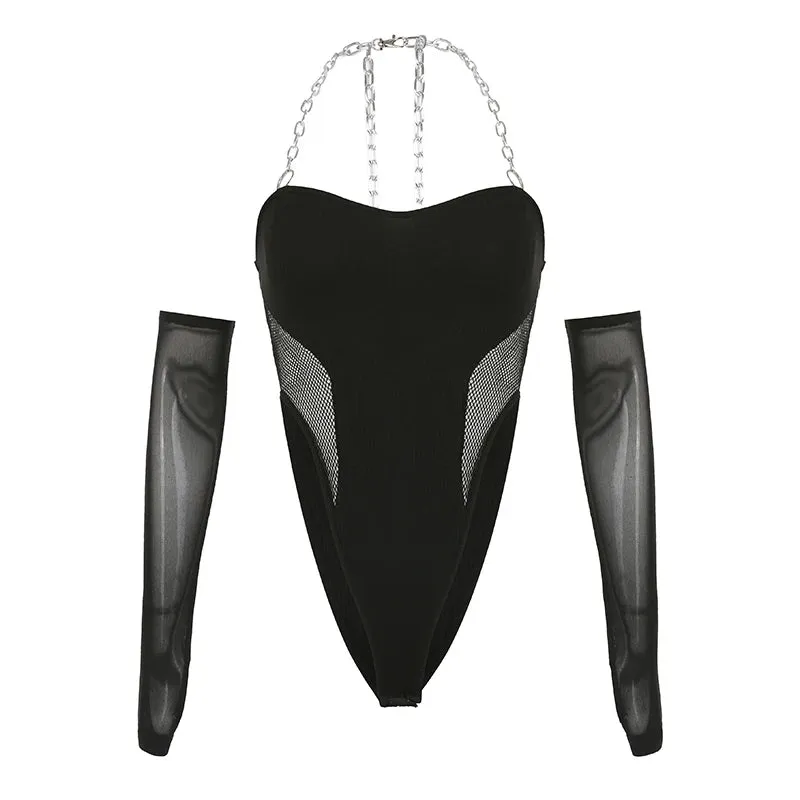 'Weeping Rose' Black Mesh Goth Chain Bodysuit