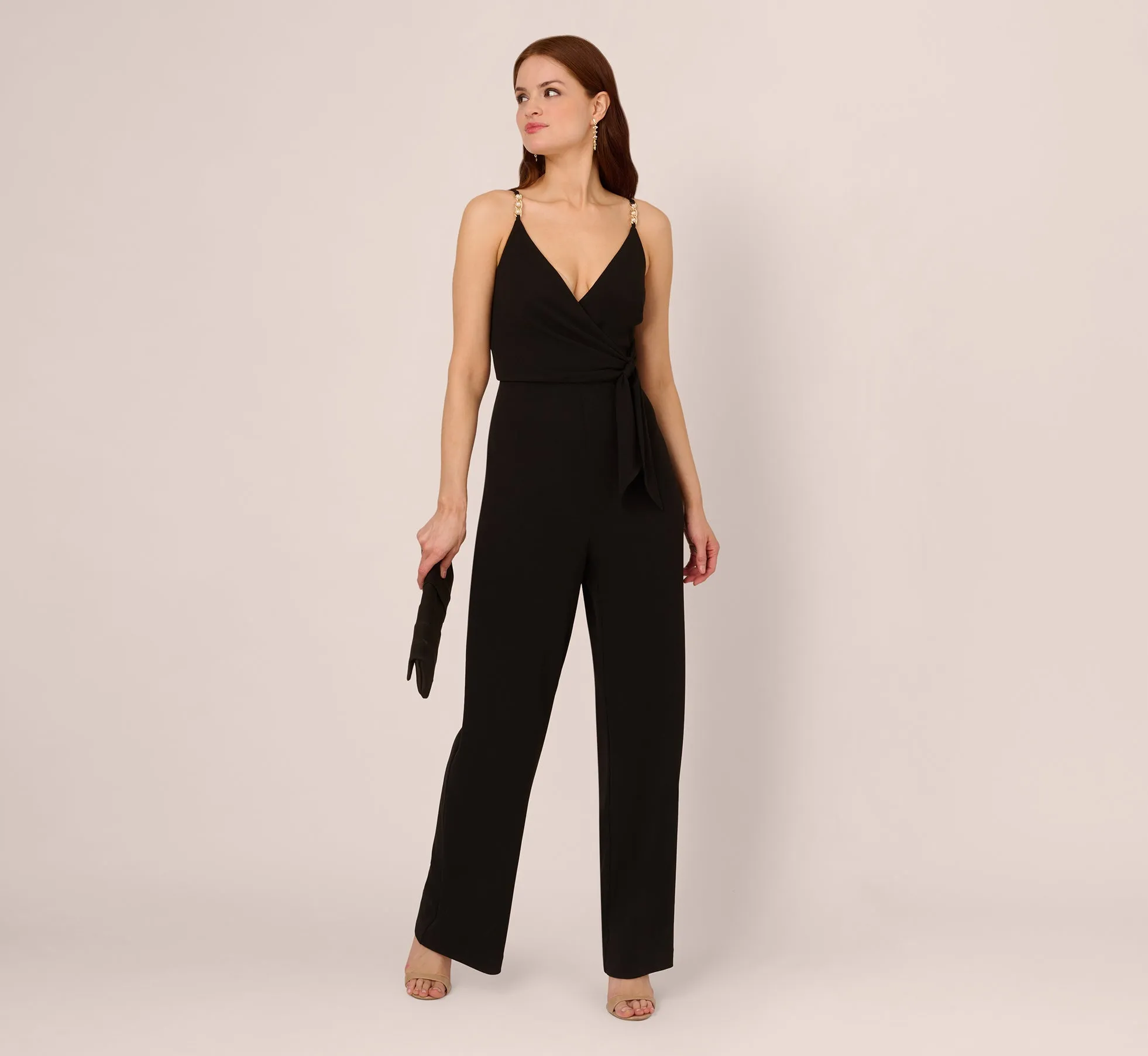 Wide Leg Jumpsuit With Pearl Chain Spaghetti Straps In Black