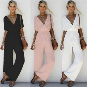 Women  Summer Loose Short Sleeve Casual Jumpsuit Ladies Elegant V-Neck Fashion Clubwear Wide Leg Slim Pants Trousers