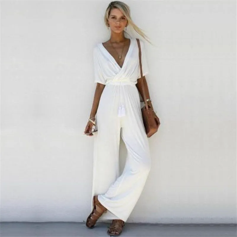 Women  Summer Loose Short Sleeve Casual Jumpsuit Ladies Elegant V-Neck Fashion Clubwear Wide Leg Slim Pants Trousers