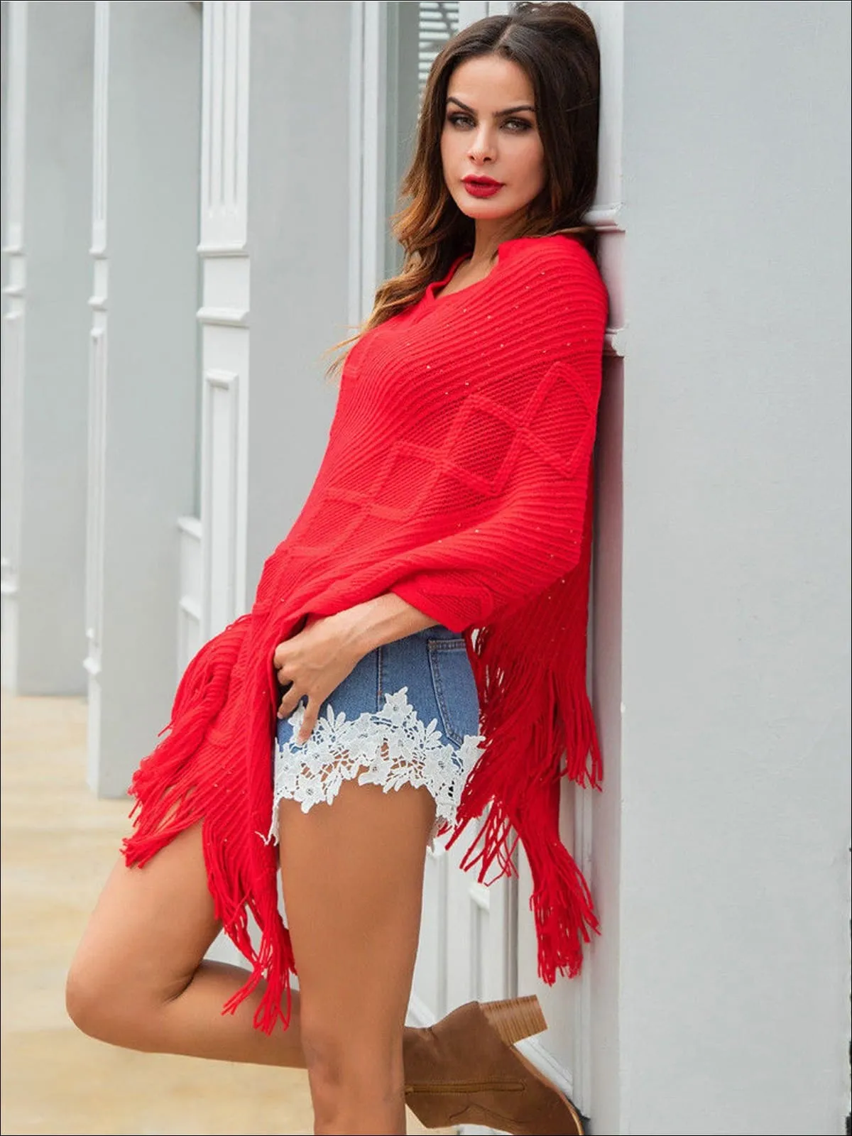 Women's Fall Knit Fringe Poncho