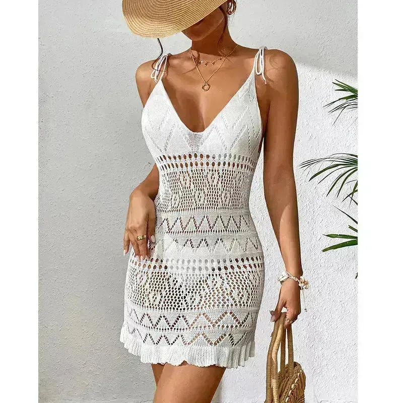 Women's Fashion Suspenders Deep V Knitted Beach Skirt Dress for Chic Ladies