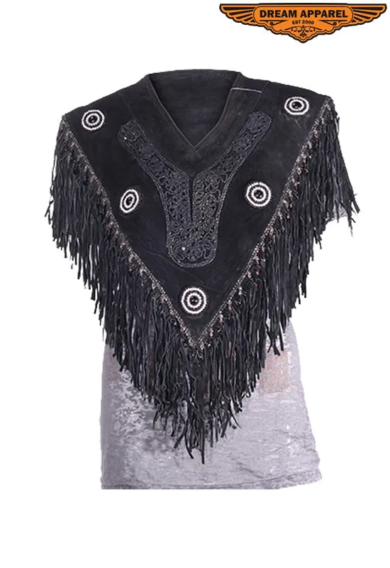 Womens Motorcycle Poncho With Beads & Fringes