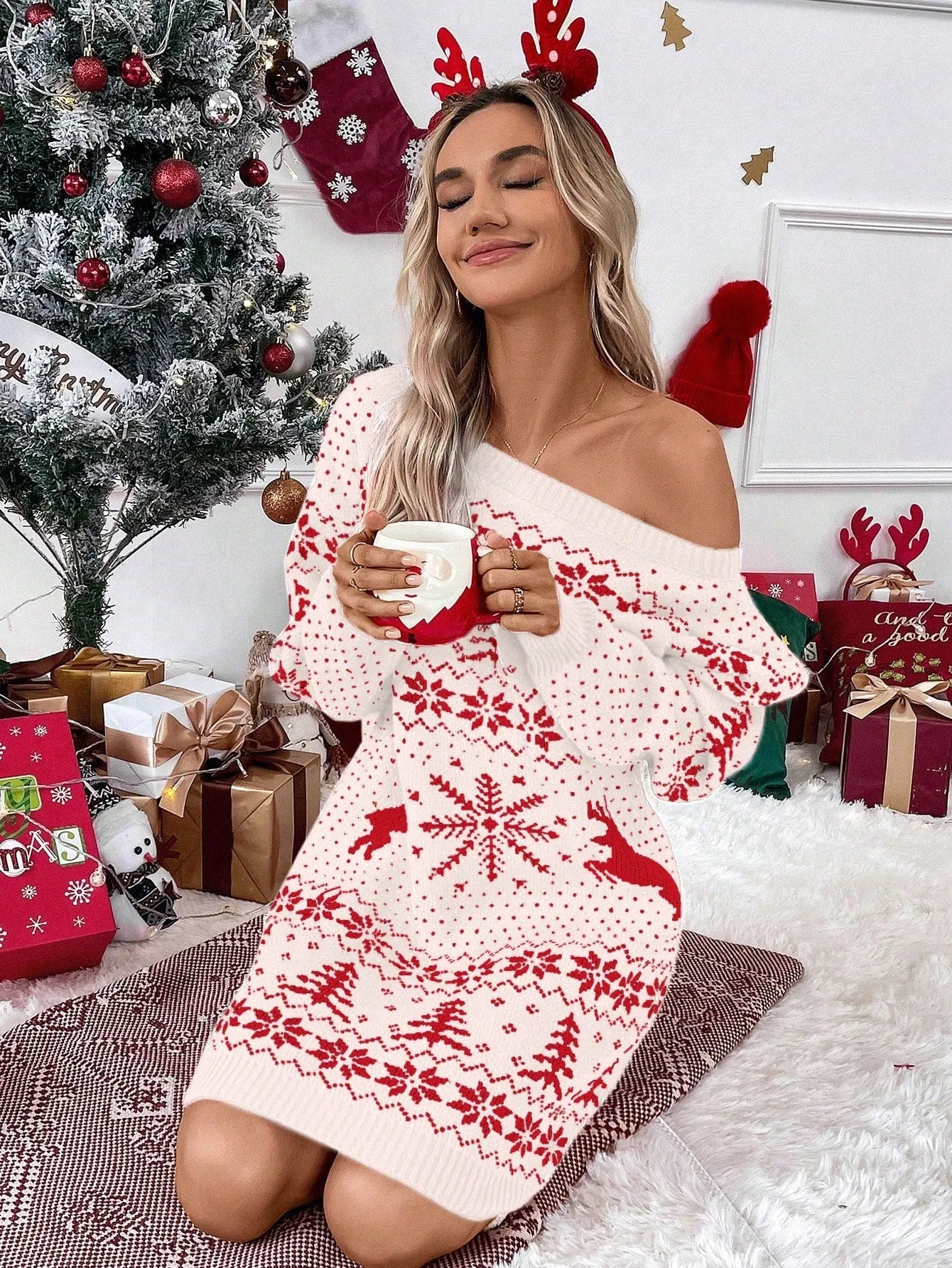 Women's Reindeer Geometric Pattern Sweater Dress