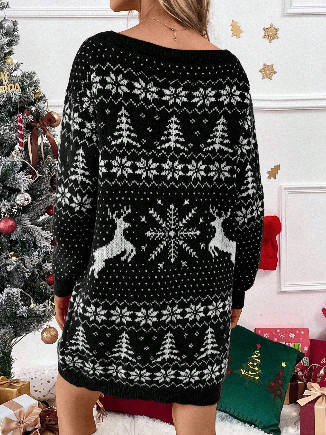 Women's Reindeer Geometric Pattern Sweater Dress