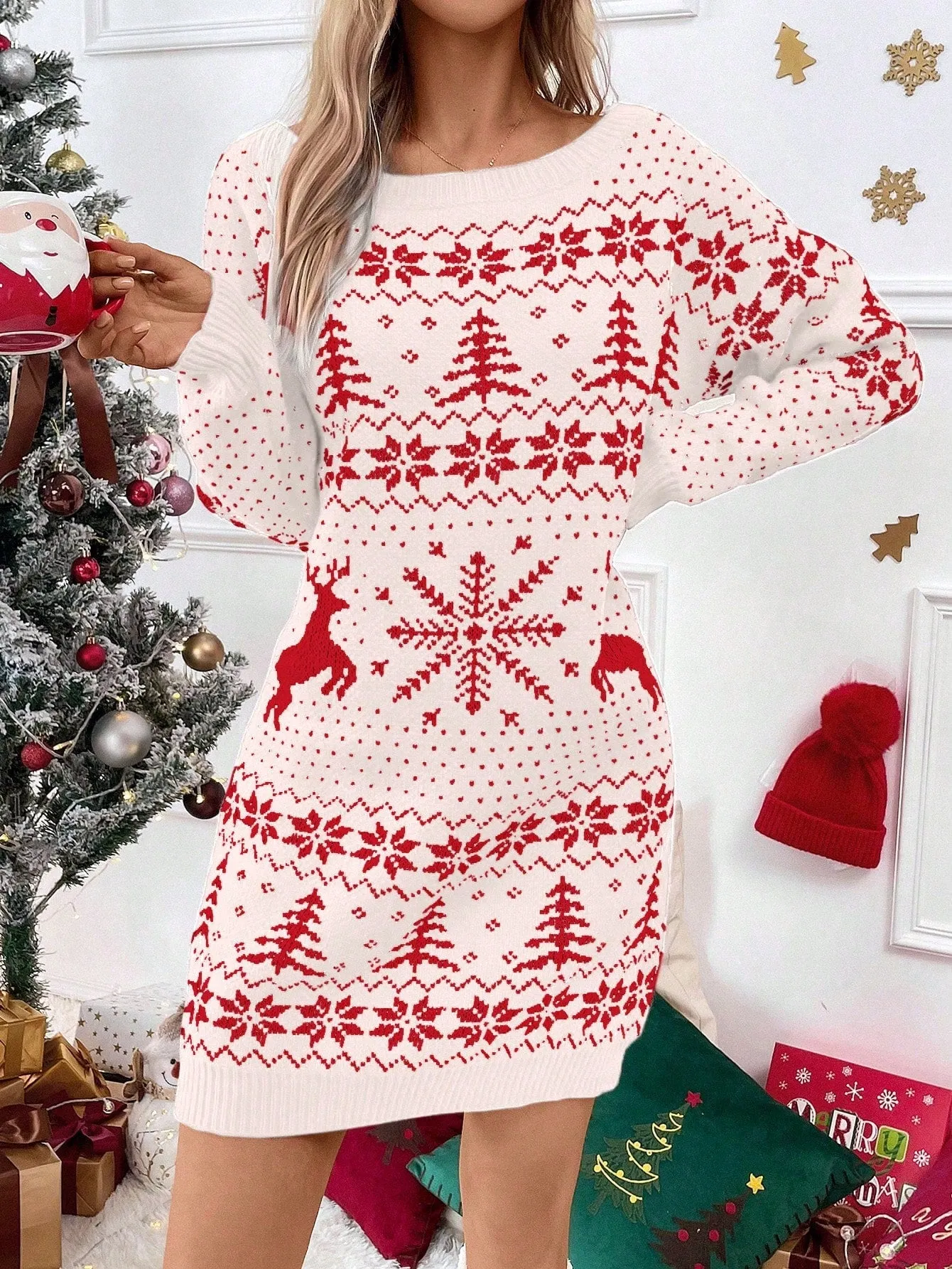 Women's Reindeer Geometric Pattern Sweater Dress