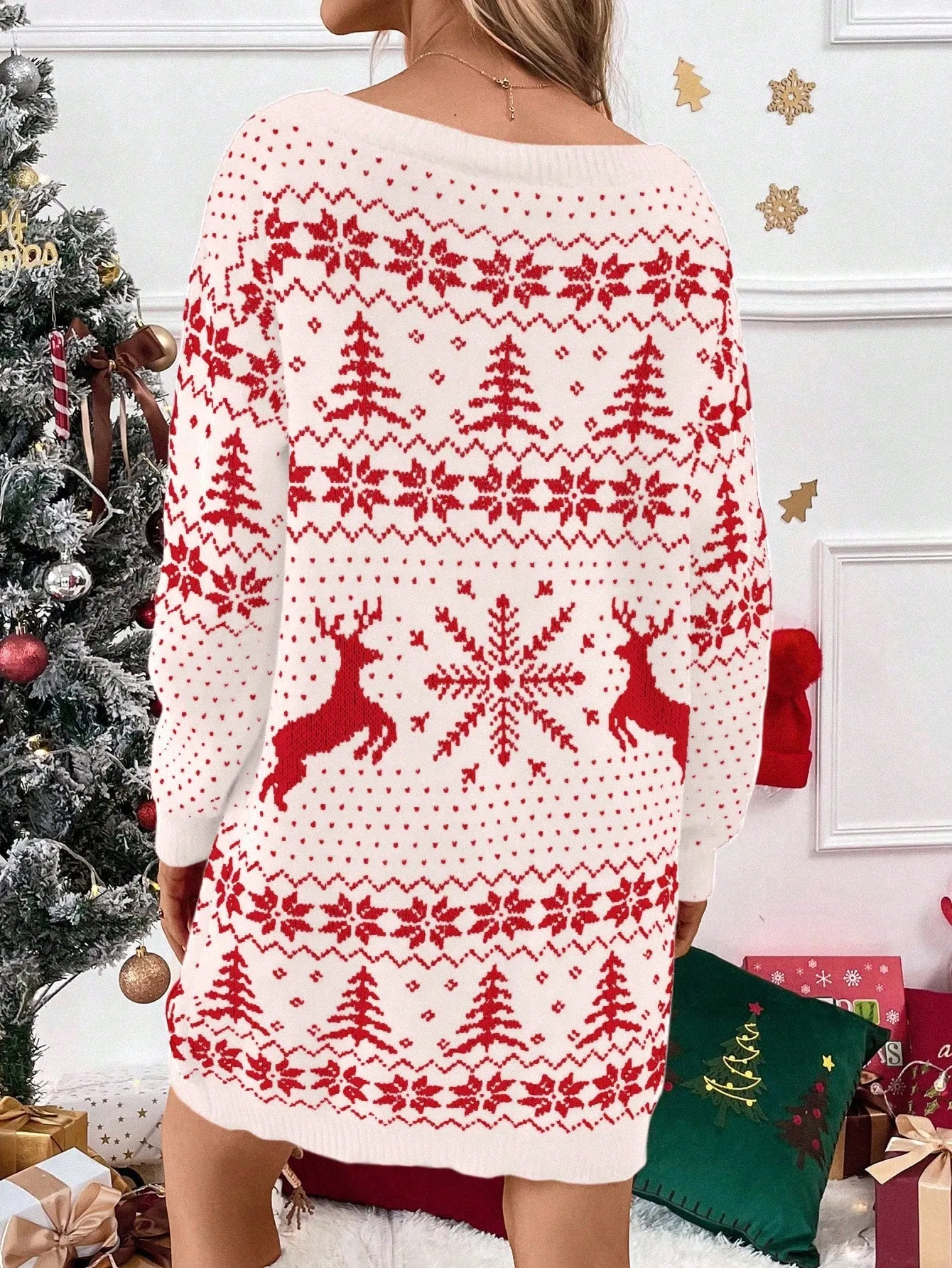 Women's Reindeer Geometric Pattern Sweater Dress