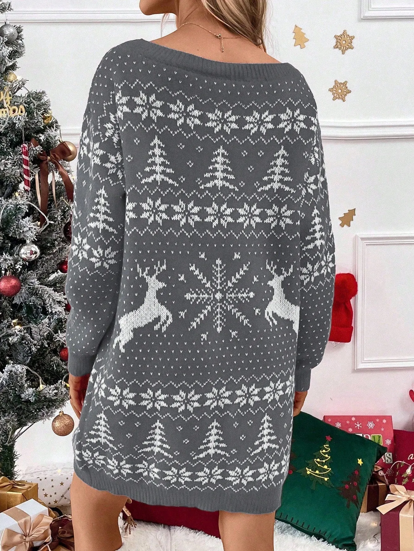 Women's Reindeer Geometric Pattern Sweater Dress