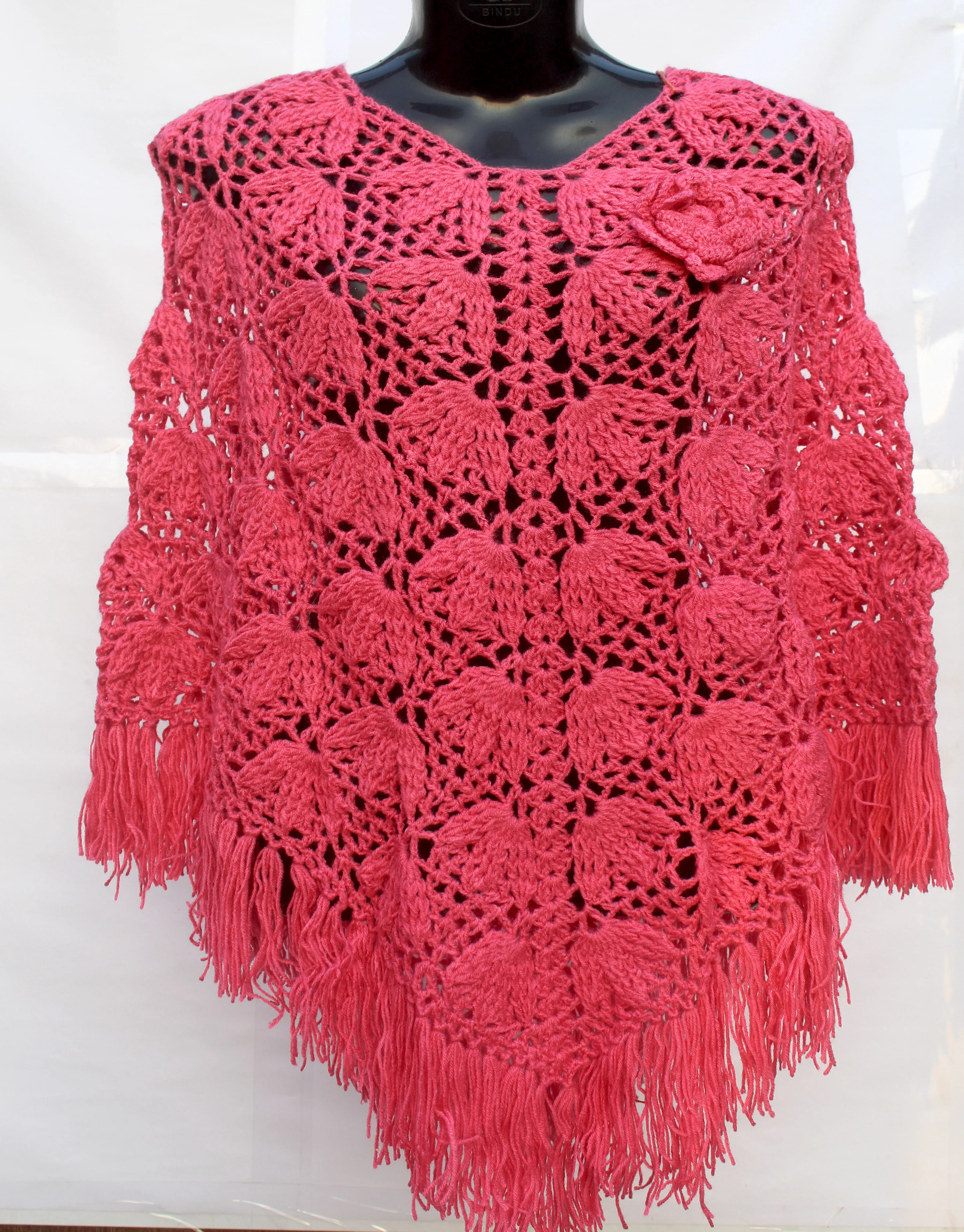 Woolen Graminarts Crochet Poncho For Women/Girls Free Size - Rose Pink