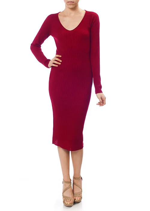 Yemak Women's V-Neck Sheer Ribbed Knit Long Sleeve Sweater Dress MK8007